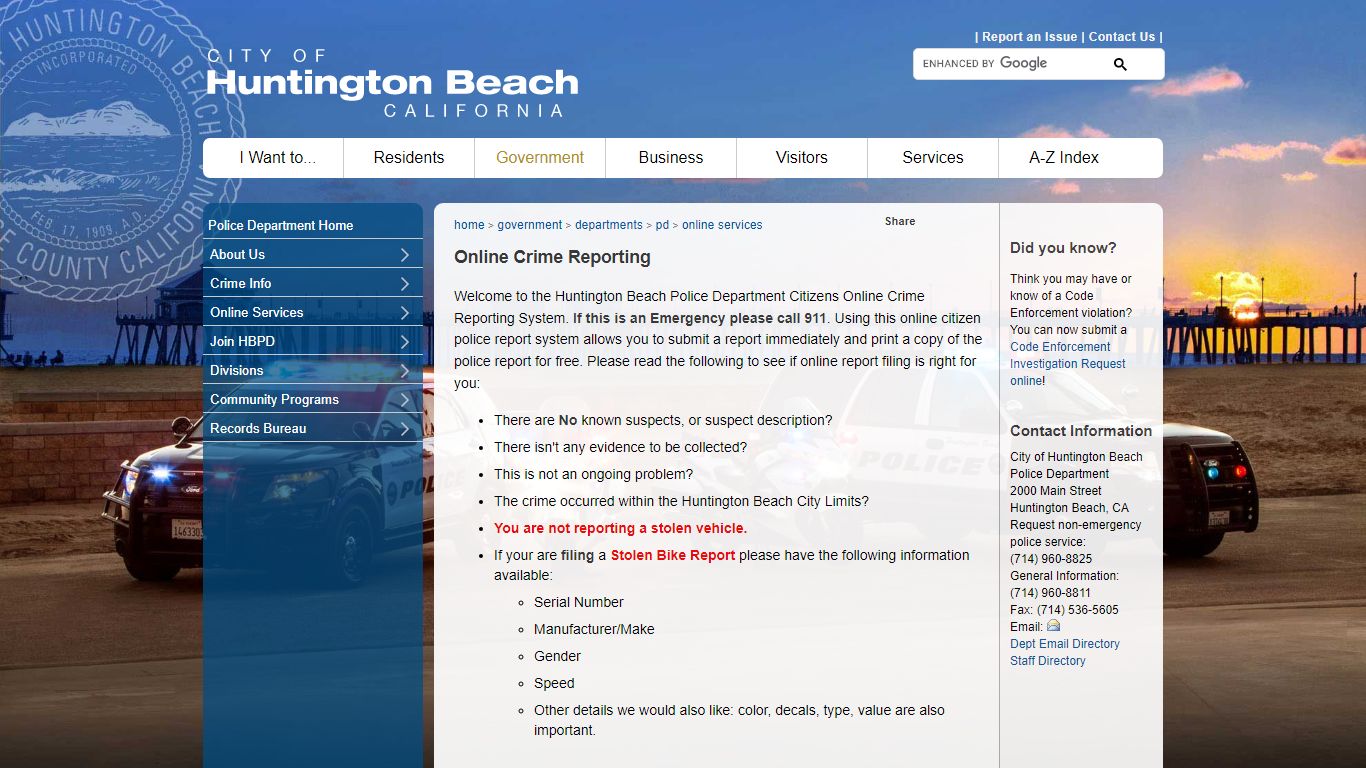 City of Huntington Beach, CA - Online Crime Reporting